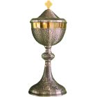 Ciborium with lid in chiselled metal and gold plating