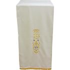 Lectern cloth with JHS and other white liturgical embroideries