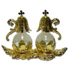 Glass cruets with stopper and golden color metal tray