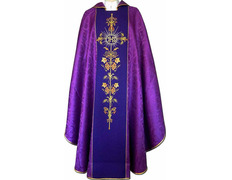 Add to Cart Chasuble in damask fabric with purple embroidered central stolon Chasuble in damask fabric with purple embroidered central stolon