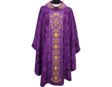 Add to Cart Chasuble and stole in damask fabric with golden embroidery purple Chasuble and stole in damask fabric with golden embroidery purple