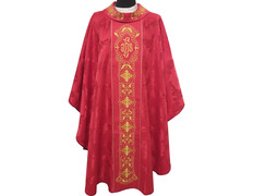 Add to Cart Chasuble and stole in damask fabric with golden embroidery red Chasuble and stole in damask fabric with golden embroidery red