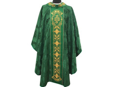 Add to Cart Chasuble and stole in damask fabric with golden embroidery green Chasuble and stole in damask fabric with golden embroidery green