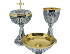 Metal chalice, ciborium and paten set