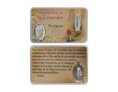 Holy card of the Virgin of Lourdes with medal