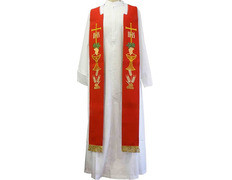 Add to Cart Stolon with liturgical embroidery and red gold fringe Stolon with liturgical embroidery and red gold fringe