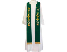 Add to Cart Stolon with liturgical embroidery and green gold fringe Stolon with liturgical embroidery and green gold fringe