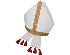 Add to Cart Off-white yarn miter with red tassels Off-white yarn miter with red tassels