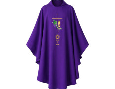 Chasuble embroidered with purple cross, chalice and spike