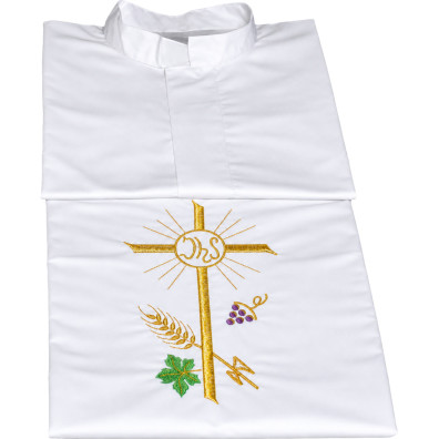 White alb with Cross, JHS, wheat ears and embroidered grapes
