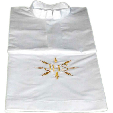 White polyester and cotton alb with embroidered JHS