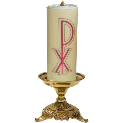 Table candlestick with candle and liturgical motifs on the base