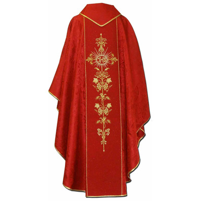 Chasuble in damask fabric with red embroidered central stolon