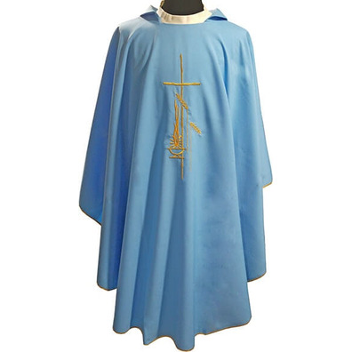 Embroidered polyester chasuble with gold trim blue
