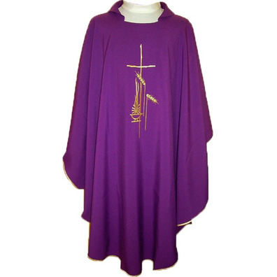 Embroidered polyester chasuble with gold trim purple