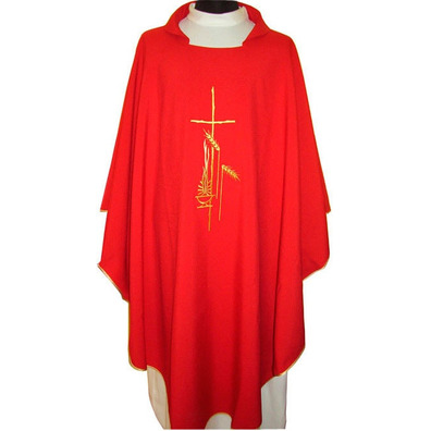 Embroidered polyester chasuble with gold trim red