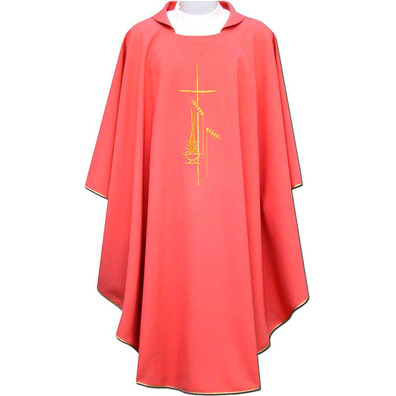 Embroidered polyester chasuble with gold trim pink