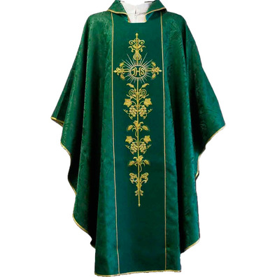 Chasuble in damask fabric with green embroidered central stolon
