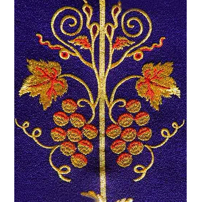 Chasuble in damask fabric with purple embroidered central stolon