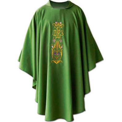 Chasuble with green gold JHS embroidery