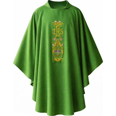 Chasuble with green gold JHS embroidery