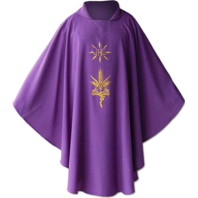 Chasuble in polyester and wool with purple gold JHS