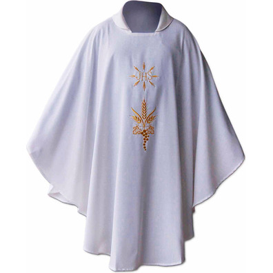 Chasuble in polyester and wool with white gold JHS
