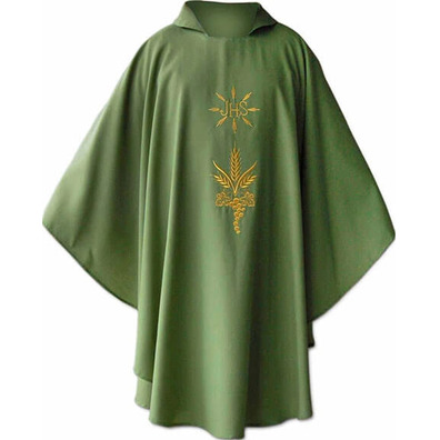 Chasuble in polyester and wool with green gold JHS