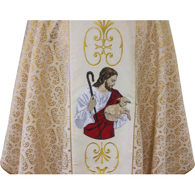 Beige Good Shepherd brocade chasuble