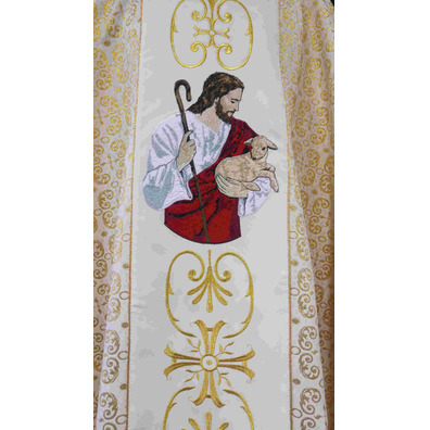 Beige Good Shepherd brocade chasuble