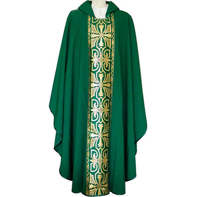 Green polyester chasuble with central stolon with golden details