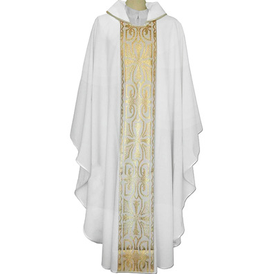 White polyester chasuble with central stolon with golden details