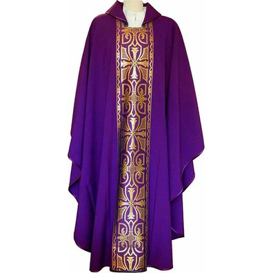 Chasuble in polyester with central stolon with purple gold details