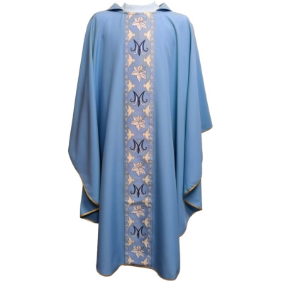 Blue Marian chasuble with stole | Marian monogram orphrey