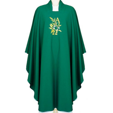 Polyester chasuble with green Alpha and Omega embroidery