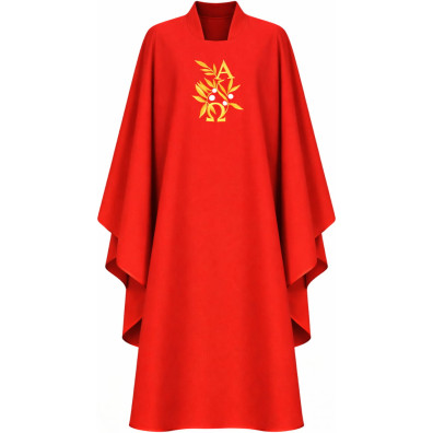 Polyester chasuble with red Alpha and Omega embroidery