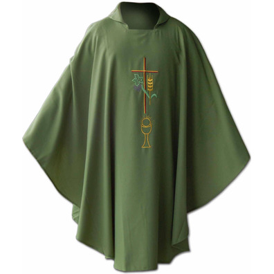 Chasuble embroidered with cross, chalice and green spike