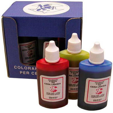 Yellow, blue and red dye for liquid wax