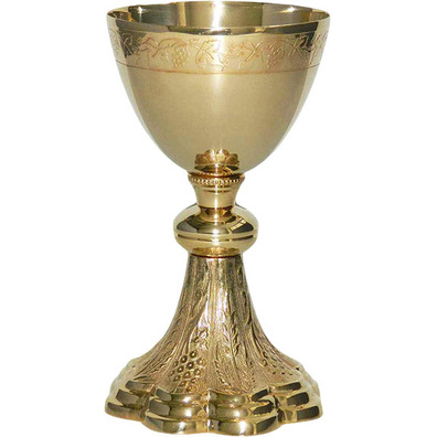 Golden metal chalice with grapes and spikes