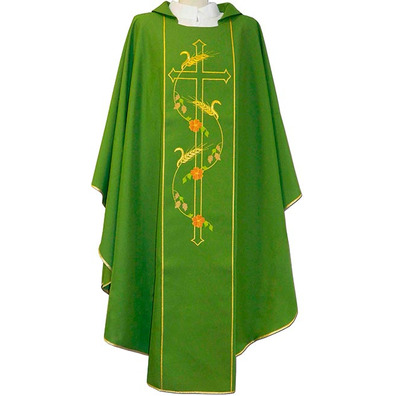 Chasuble in polyester with green embroidered spikes and Cross