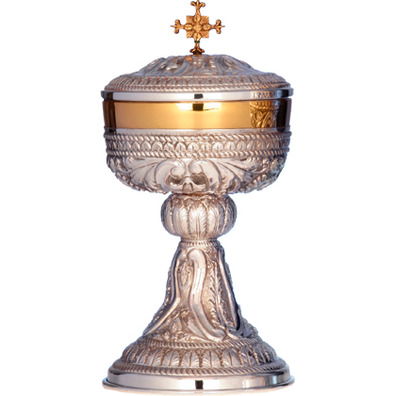 Sterling silver ciborium with embossed liturgical elements