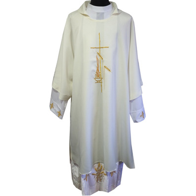 Polyester dalmatic with cross and spikes embroidered beige
