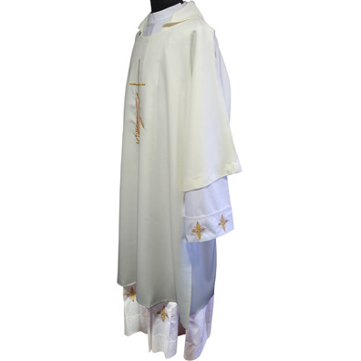 Polyester dalmatic with cross and spikes embroidered beige