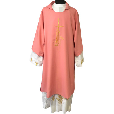 Dalmatic in polyester with Cross and spikes embroidered in pink