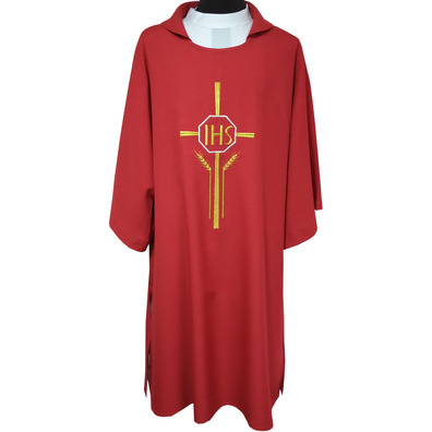 Dalmatic with Cross, JHS and spikes embroidered red