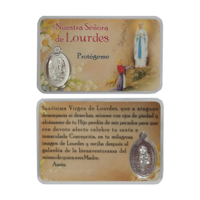 Holy card of the Virgin of Lourdes with medal