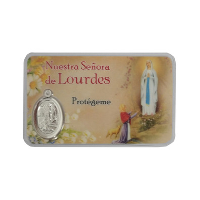 Holy card of the Virgin of Lourdes with medal