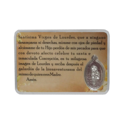Holy card of the Virgin of Lourdes with medal