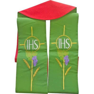 JHS embroidered liturgical stolon | reversible red/green