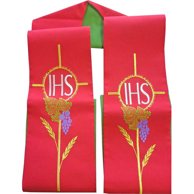 JHS embroidered liturgical stolon | reversible red/green